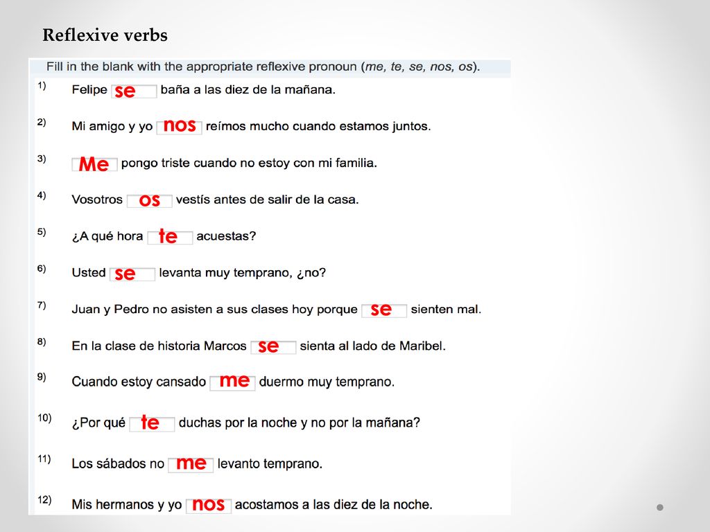 Reflexive verbs se nos Me os te se se se me te me nos