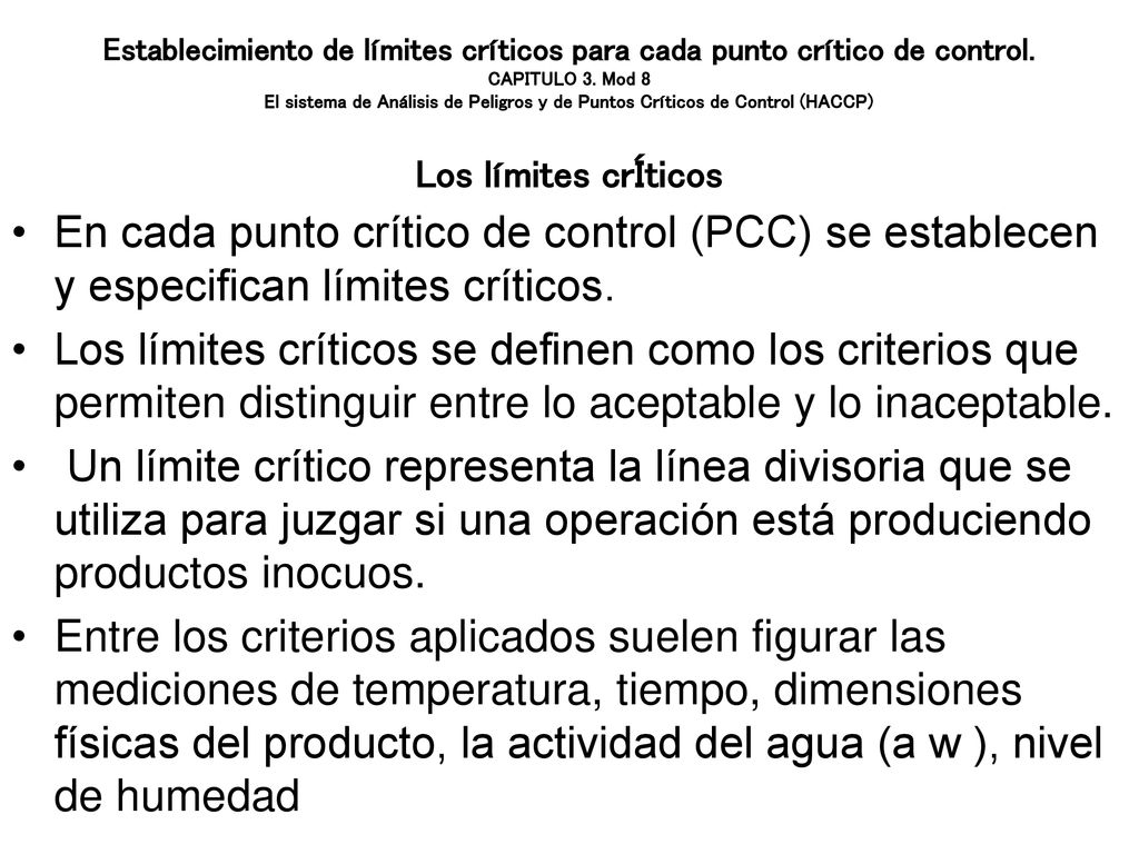 Establecimiento de límites críticos para cada punto crítico de control