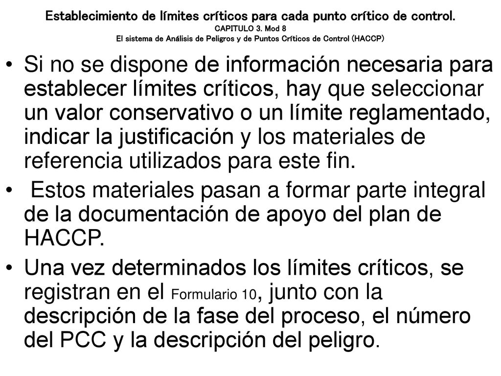 Establecimiento de límites críticos para cada punto crítico de control
