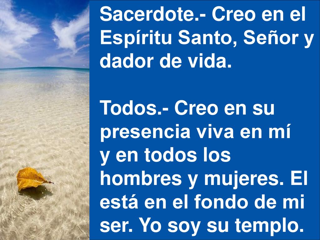 Sacerdote.- Creo en el Espíritu Santo, Señor y. dador de vida. Todos.- Creo en su. presencia viva en mí.