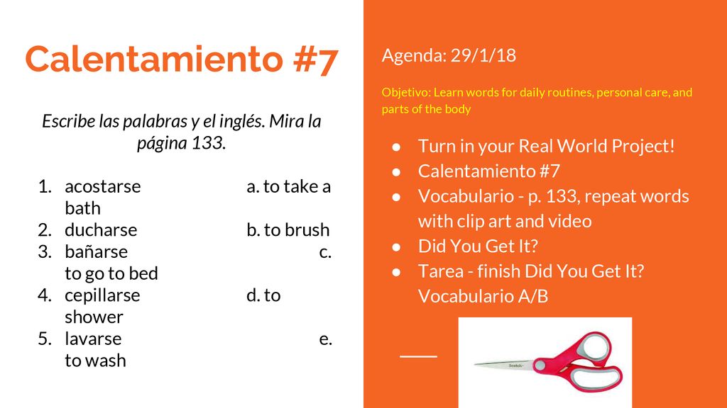 Escribe las palabras y el inglés. Mira la página 133.