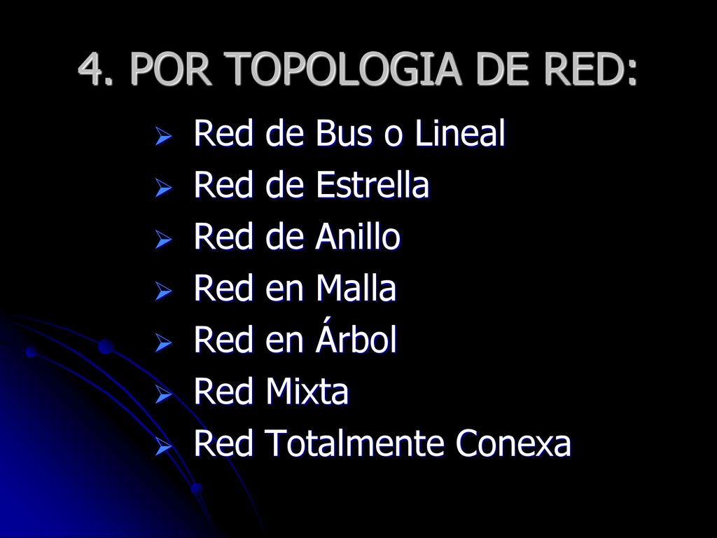 4. POR TOPOLOGIA DE RED: Red de Bus o Lineal Red de Estrella