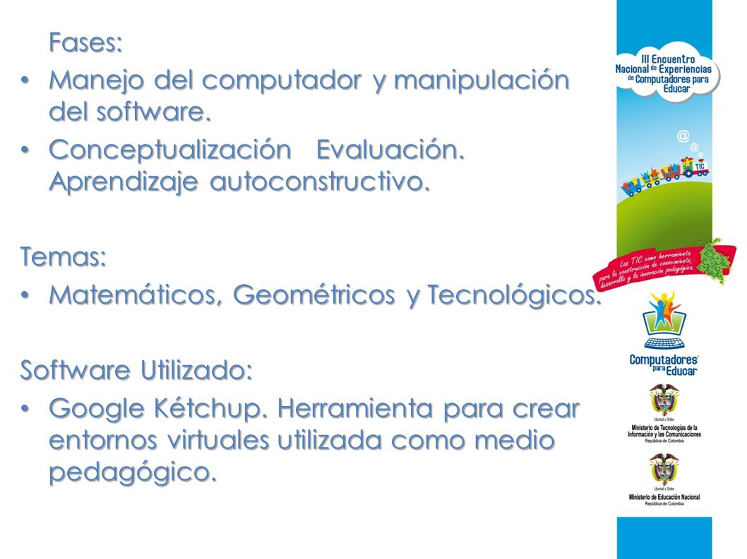 Fases: Manejo del computador y manipulación del software. Conceptualización Evaluación. Aprendizaje autoconstructivo.