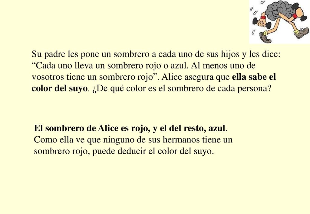 Su padre les pone un sombrero a cada uno de sus hijos y les dice: Cada uno lleva un sombrero rojo o azul. Al menos uno de vosotros tiene un sombrero rojo . Alice asegura que ella sabe el color del suyo. ¿De qué color es el sombrero de cada persona