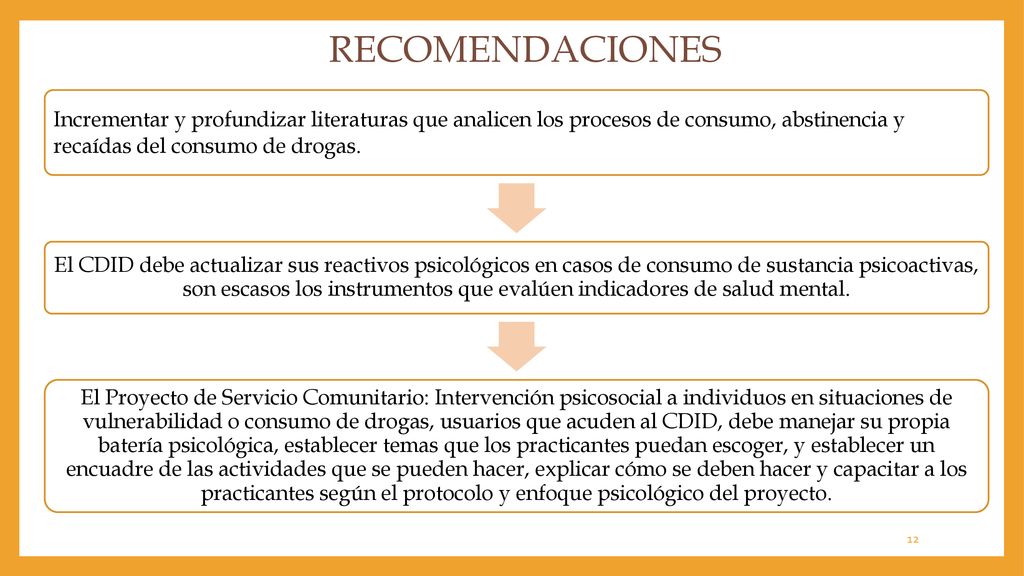 RECOMENDACIONES Incrementar y profundizar literaturas que analicen los procesos de consumo, abstinencia y recaídas del consumo de drogas.