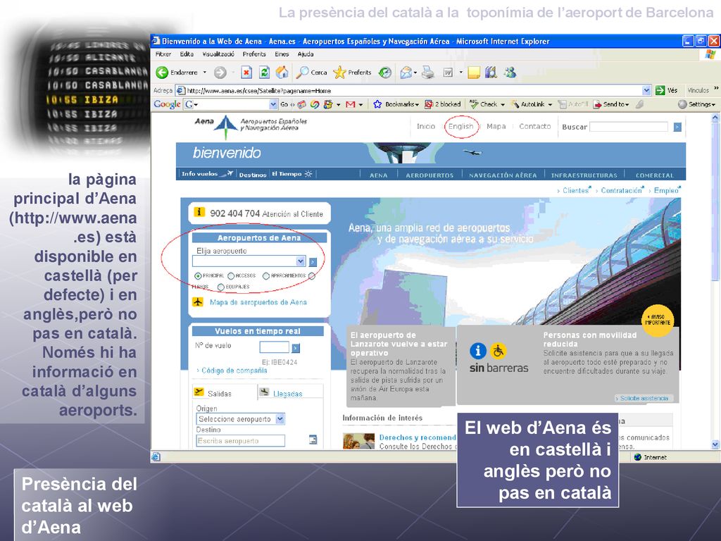 El web d’Aena és en castellà i anglès però no pas en català