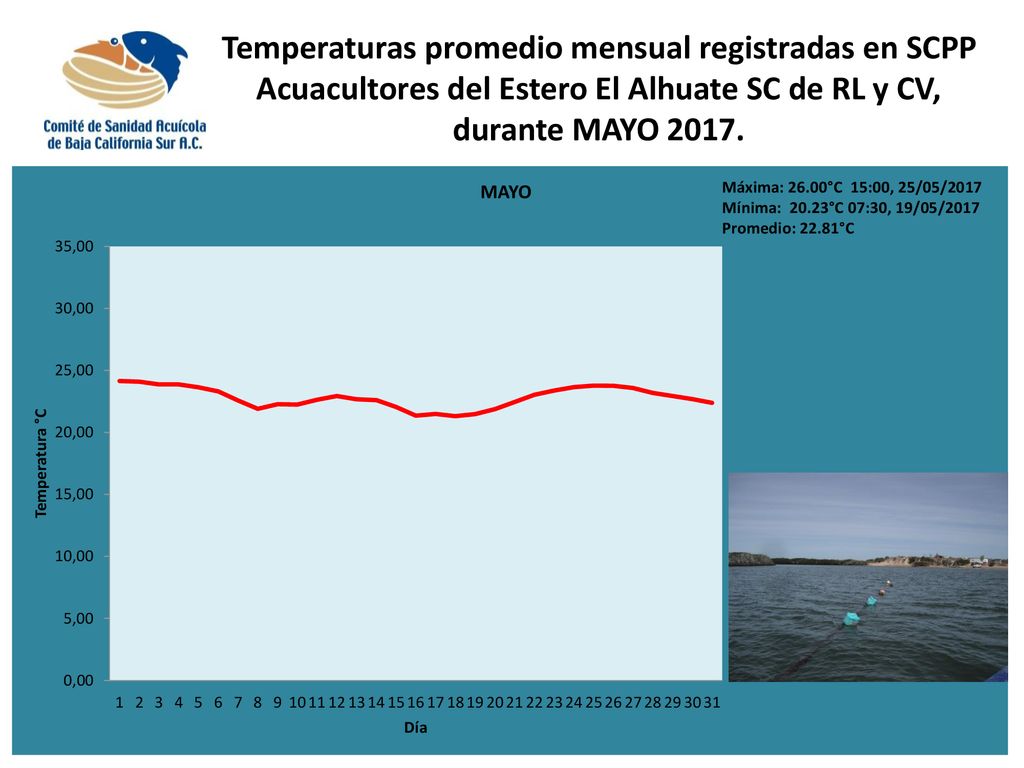 Temperaturas promedio mensual registradas en SCPP Acuacultores del Estero El Alhuate SC de RL y CV, durante MAYO 2017.