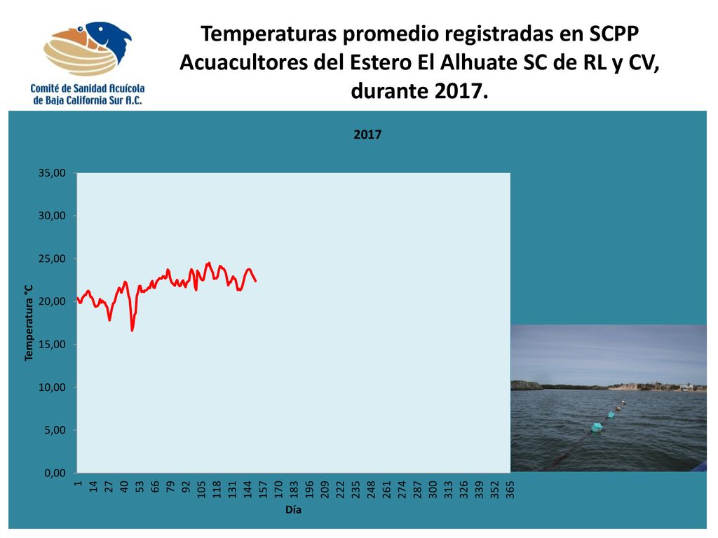 Temperaturas promedio registradas en SCPP Acuacultores del Estero El Alhuate SC de RL y CV, durante 2017.