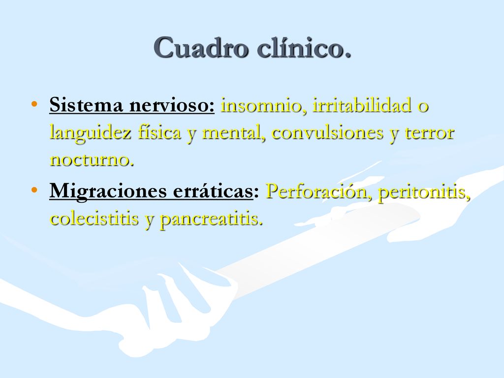 Cuadro clínico. Sistema nervioso: insomnio, irritabilidad o languidez física y mental, convulsiones y terror nocturno.