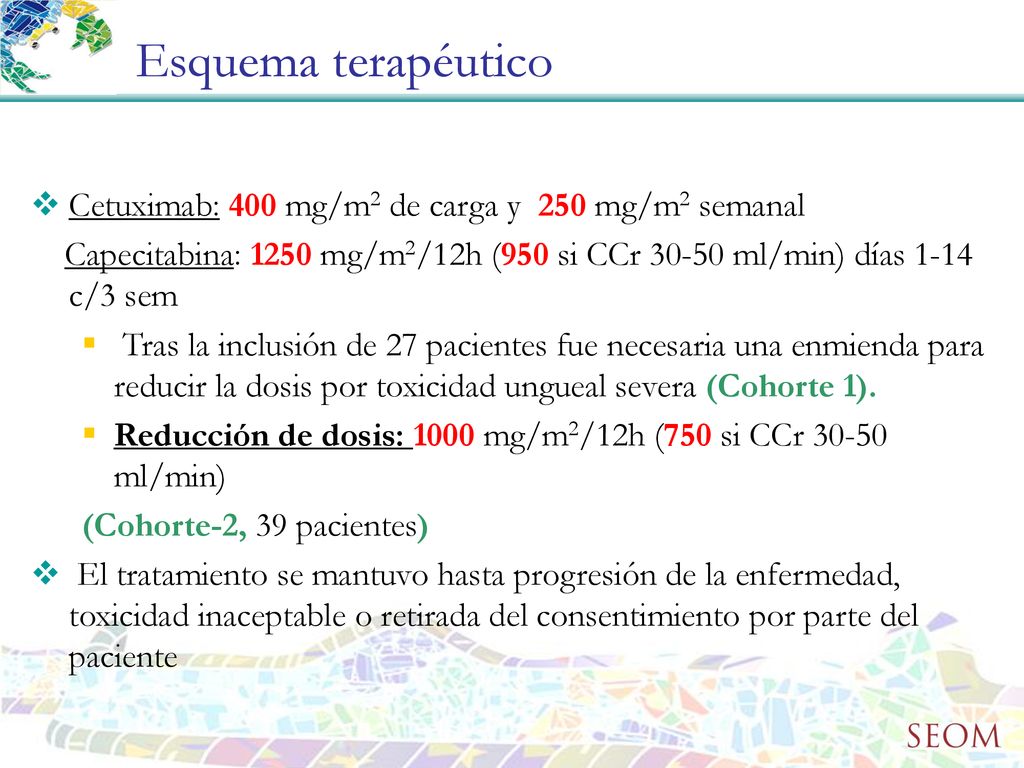 Esquema terapéutico Cetuximab: 400 mg/m2 de carga y 250 mg/m2 semanal
