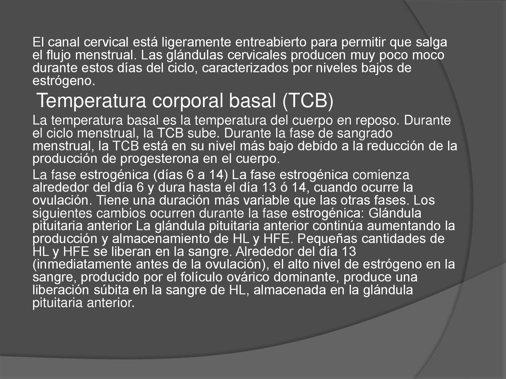 El canal cervical está ligeramente entreabierto para permitir que salga el flujo menstrual.