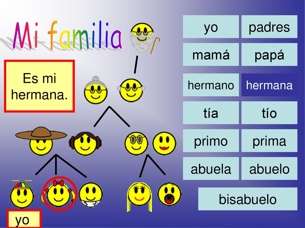 Mi familia yo padres mamá papá Es mi hermana. tía tío primo prima