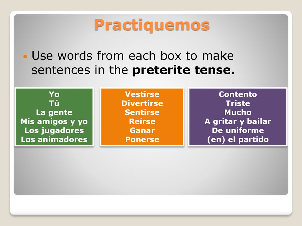 Practiquemos Use words from each box to make sentences in the preterite tense. Yo. Tú. La gente.