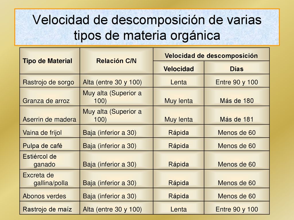 Velocidad de descomposición de varias tipos de materia orgánica
