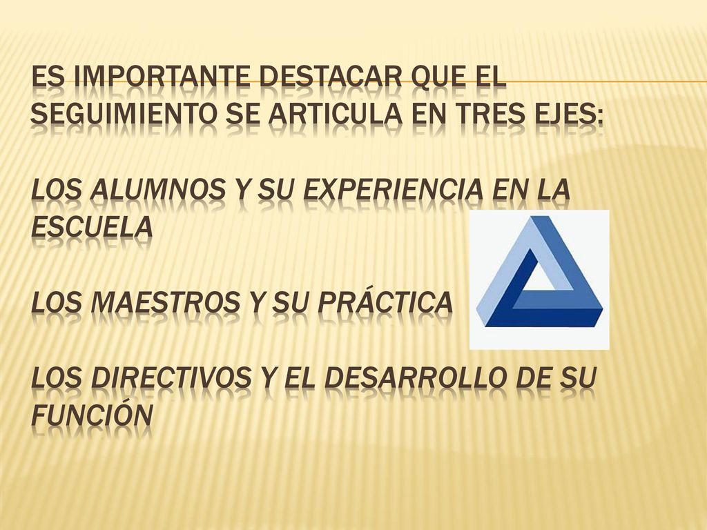 Es importante destacar que el seguimiento se articula en tres ejes: Los alumnos y su experiencia en la escuela Los maestros y su práctica Los directivos y el desarrollo de su función