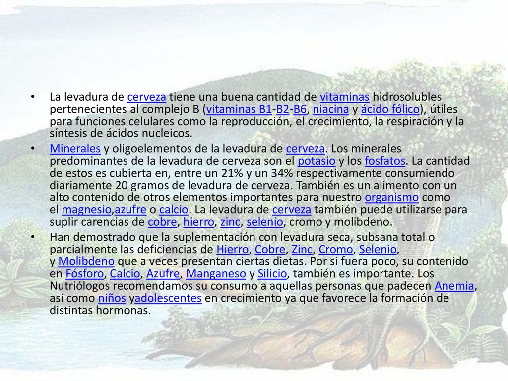 La levadura de cerveza tiene una buena cantidad de vitaminas hidrosolubles pertenecientes al complejo B (vitaminas B1-B2-B6, niacina y ácido fólico), útiles para funciones celulares como la reproducción, el crecimiento, la respiración y la síntesis de ácidos nucleicos.