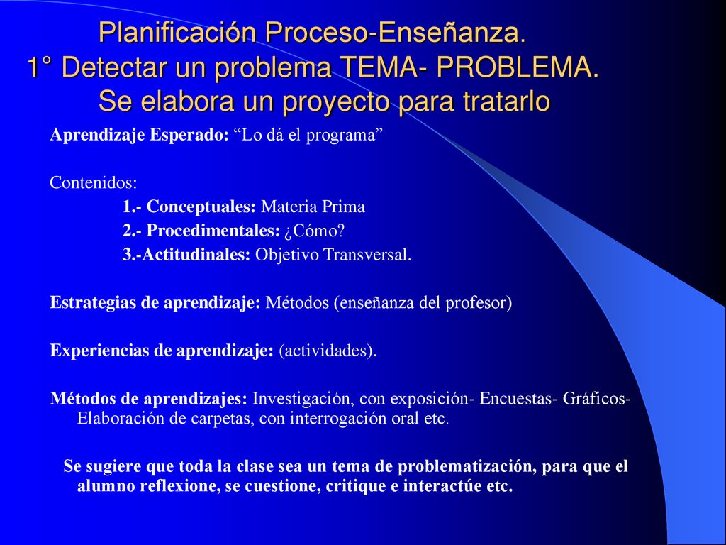 Planificación Proceso-Enseñanza. 1° Detectar un problema TEMA- PROBLEMA. Se elabora un proyecto para tratarlo