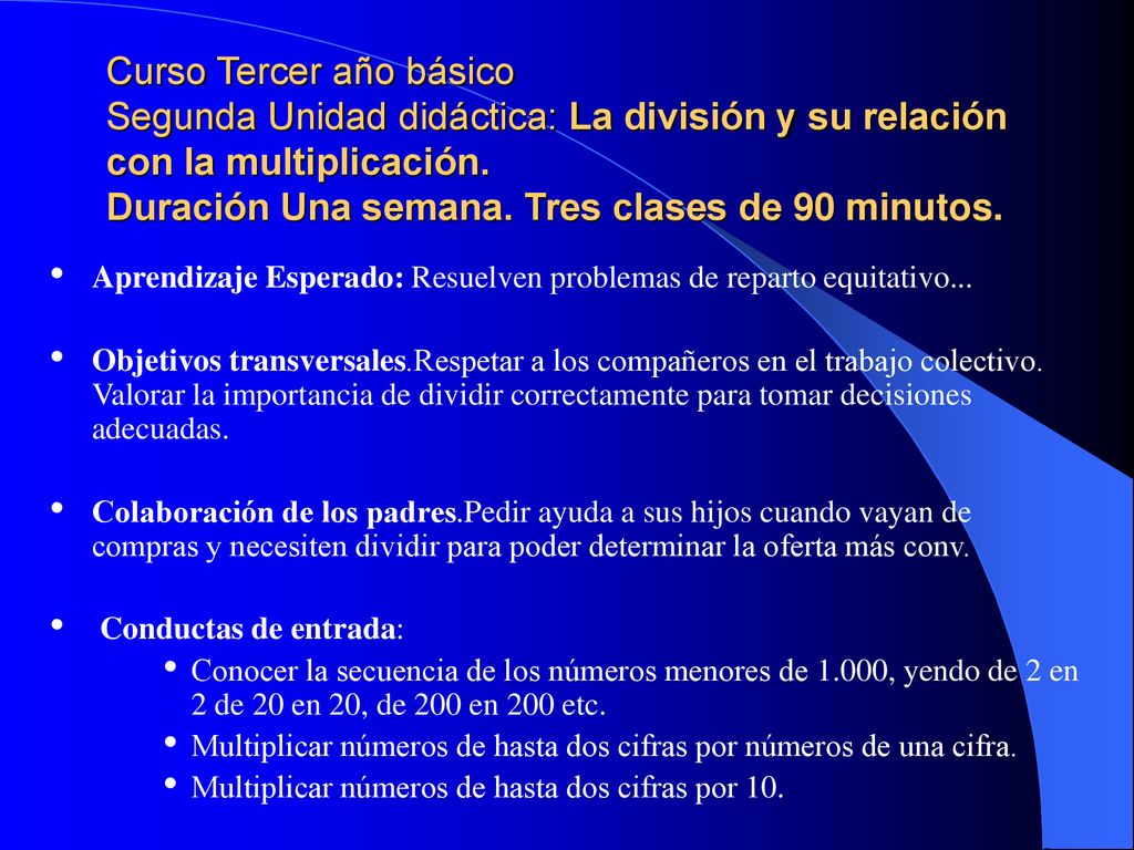 Curso Tercer año básico Segunda Unidad didáctica: La división y su relación con la multiplicación. Duración Una semana. Tres clases de 90 minutos.