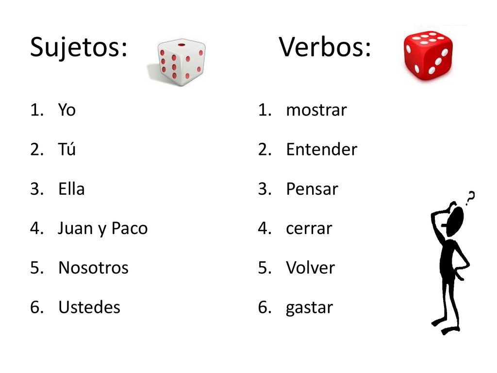 Sujetos: Verbos: Yo Tú Ella Juan y Paco Nosotros Ustedes mostrar