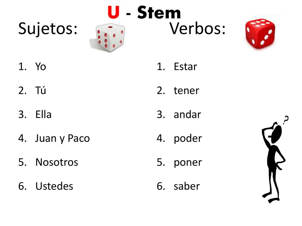 U - Stem Sujetos: Verbos: Yo Tú Ella Juan y Paco Nosotros Ustedes