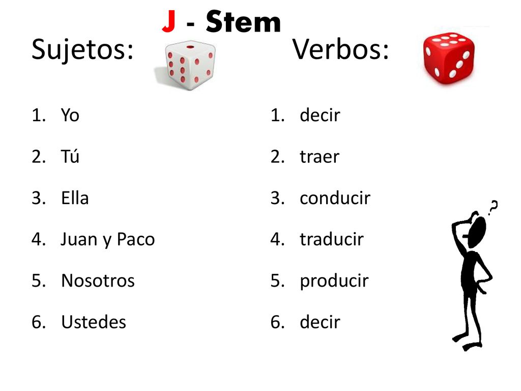 J - Stem Sujetos: Verbos: Yo Tú Ella Juan y Paco Nosotros Ustedes