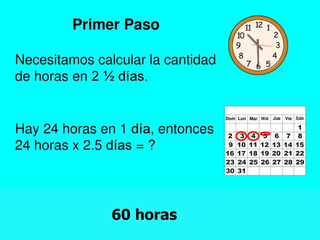 Primer Paso Necesitamos calcular la cantidad de horas en 2 ½ días. Hay 24 horas en 1 día, entonces 24 horas x 2.5 días =