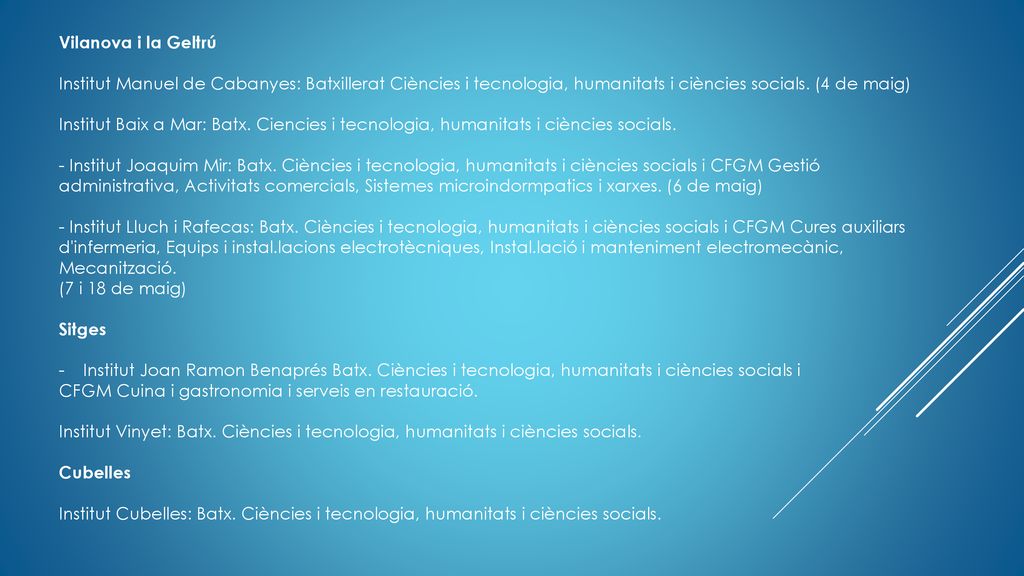 Vilanova i la Geltrú Institut Manuel de Cabanyes: Batxillerat Ciències i tecnologia, humanitats i ciències socials. (4 de maig)