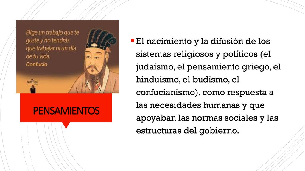 El nacimiento y la difusión de los sistemas religiosos y políticos (el judaísmo, el pensamiento griego, el hinduismo, el budismo, el confucianismo), como respuesta a las necesidades humanas y que apoyaban las normas sociales y las estructuras del gobierno.
