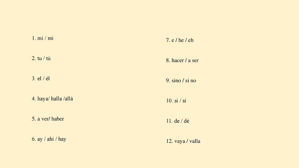 1. mi / mí 2. tu / tú. 3. el / él. 4. haya/ halla /allá. 5. a ver/ haber. 6. ay / ahí / hay. 7. e / he / eh.
