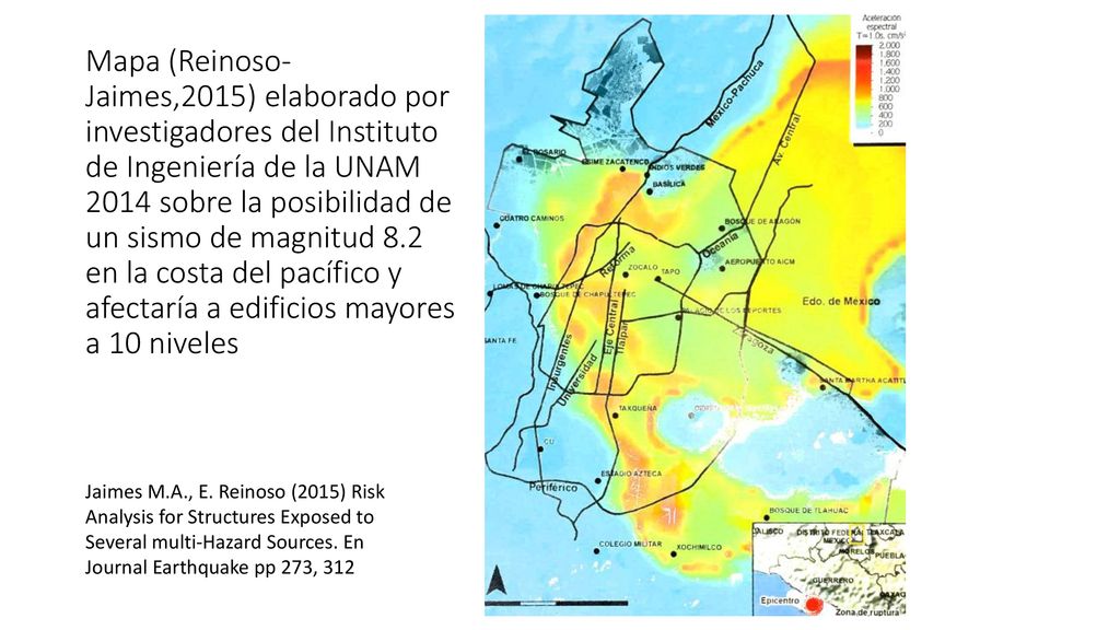 Mapa (Reinoso-Jaimes,2015) elaborado por investigadores del Instituto de Ingeniería de la UNAM 2014 sobre la posibilidad de un sismo de magnitud 8.2 en la costa del pacífico y afectaría a edificios mayores a 10 niveles