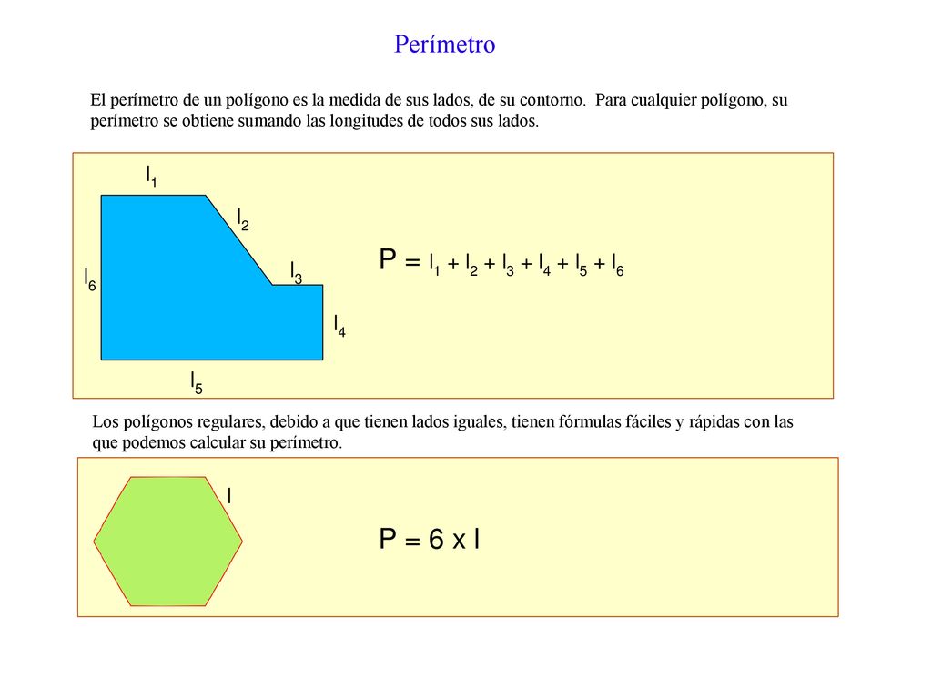 P = l1 + l2 + l3 + l4 + l5 + l6 P = 6 x l Perímetro l1 l2 l3 l6 l4 l5