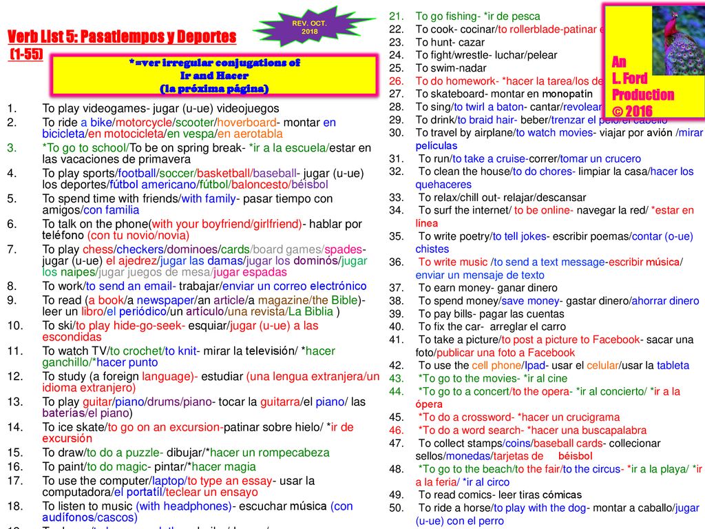 Verb List 5: Pasatiempos y Deportes (1-55)