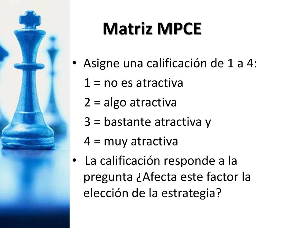 Matriz MPCE Asigne una calificación de 1 a 4: 1 = no es atractiva