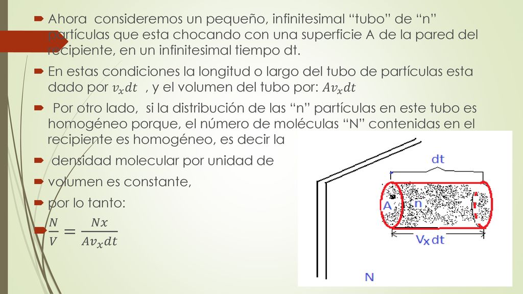 Ahora consideremos un pequeño, infinitesimal tubo de n partículas que esta chocando con una superficie A de la pared del recipiente, en un infinitesimal tiempo dt.