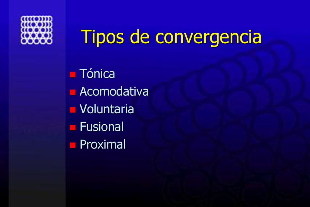 Tipos de convergencia Tónica Acomodativa Voluntaria Fusional Proximal