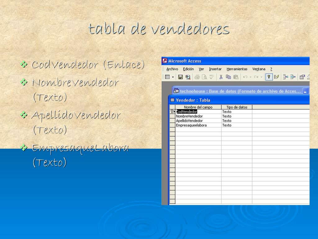 tabla de vendedores CodVendedor (Enlace) NombreVendedor (Texto)