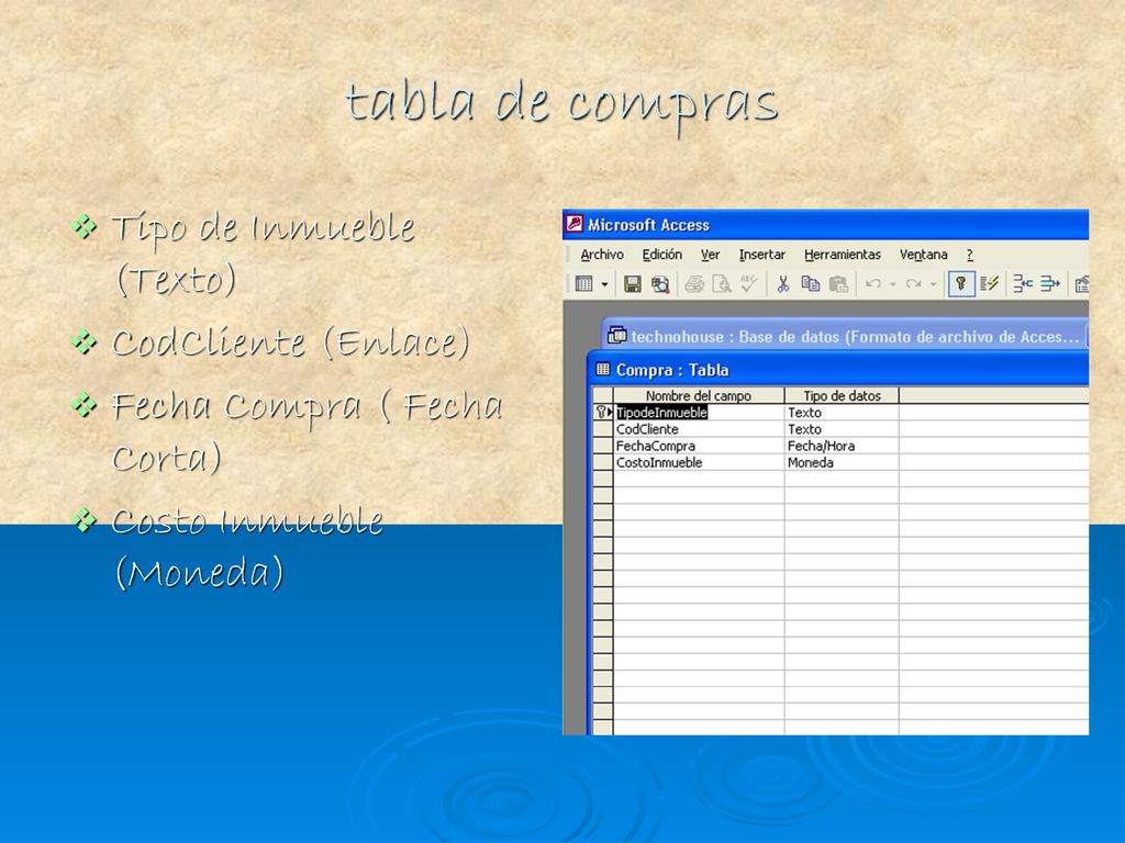 tabla de compras Tipo de Inmueble (Texto) CodCliente (Enlace)
