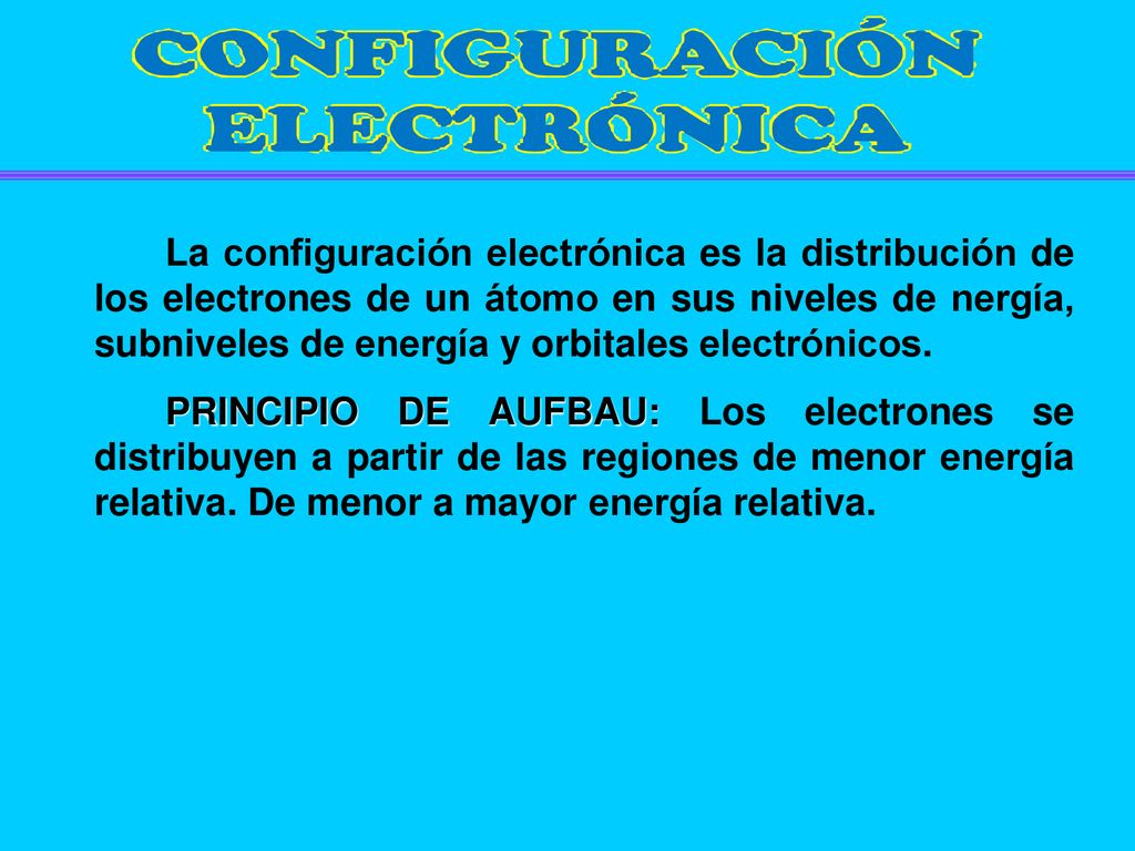 La configuración electrónica es la distribución de los electrones de un átomo en sus niveles de nergía, subniveles de energía y orbitales electrónicos.