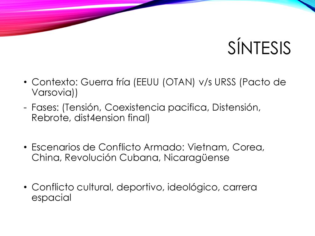 Síntesis Contexto: Guerra fría (EEUU (OTAN) v/s URSS (Pacto de Varsovia))