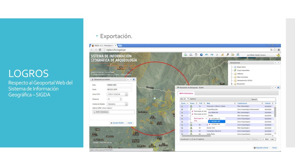Exportación. LOGROS Respecto al Geoportal Web del Sistema de Información Geográfica – SIGDA