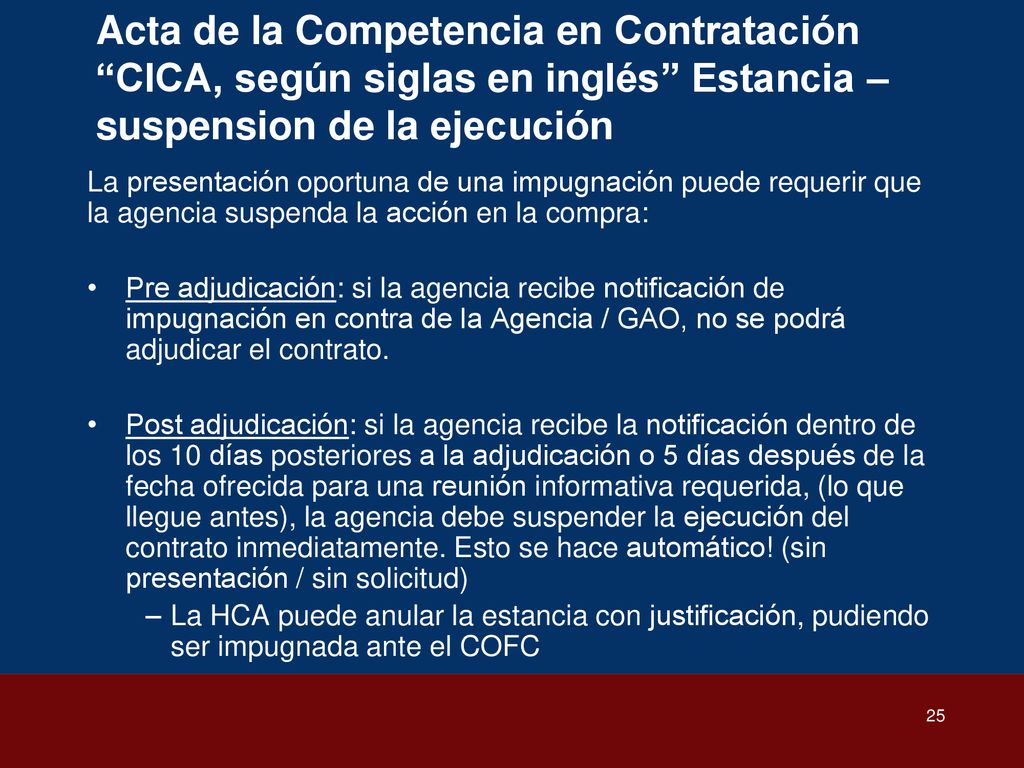 Acta de la Competencia en Contratación CICA, según siglas en inglés Estancia – suspension de la ejecución