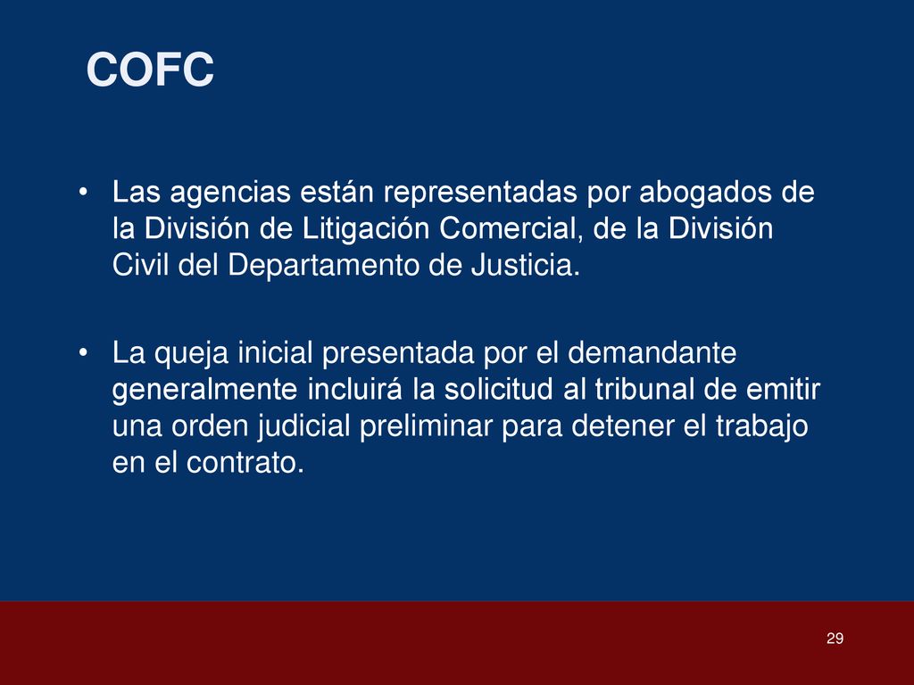 COFC Las agencias están representadas por abogados de la División de Litigación Comercial, de la División Civil del Departamento de Justicia.