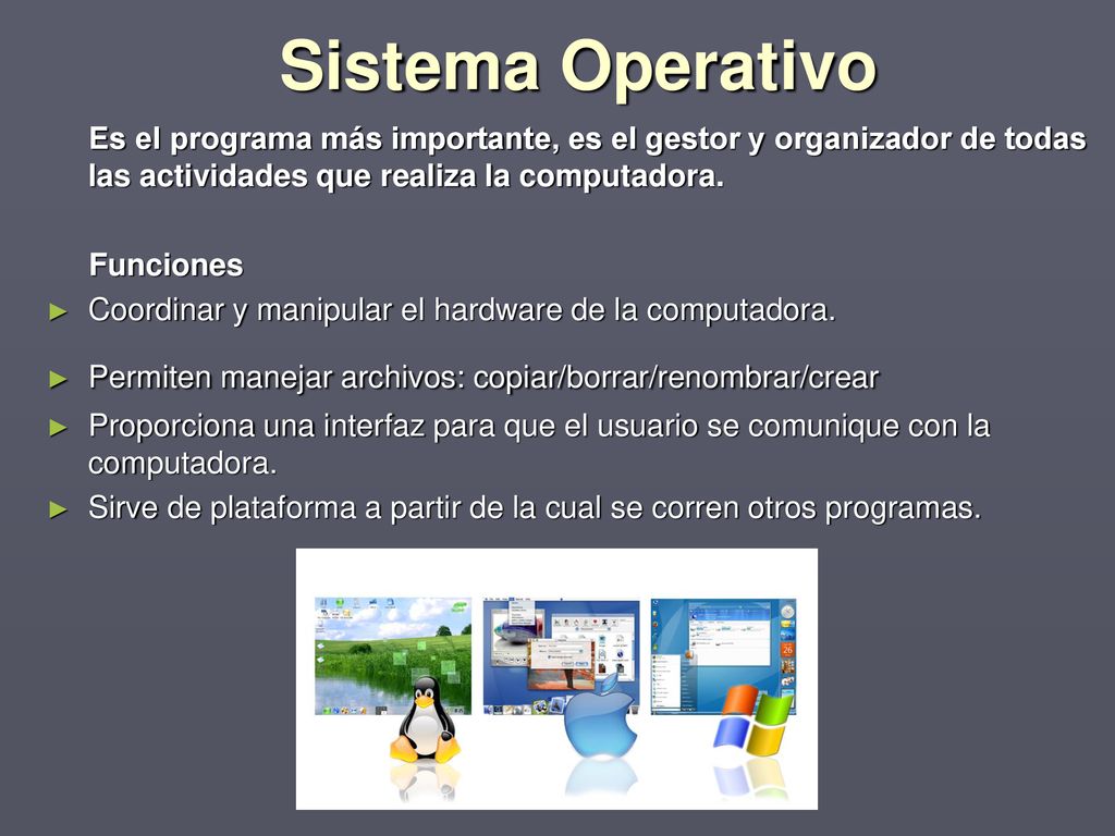 Sistema Operativo Es el programa más importante, es el gestor y organizador de todas las actividades que realiza la computadora.