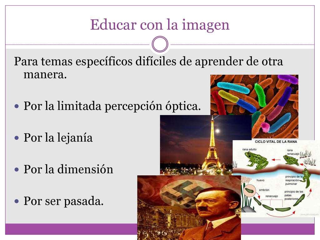 Educar con la imagen Para temas específicos difíciles de aprender de otra manera. Por la limitada percepción óptica.