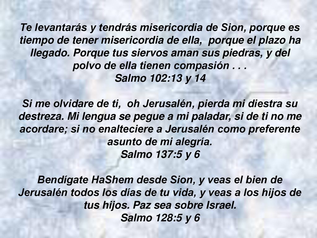 Te levantarás y tendrás misericordia de Sion, porque es tiempo de tener misericordia de ella, porque el plazo ha llegado. Porque tus siervos aman sus piedras, y del polvo de ella tienen compasión . . .