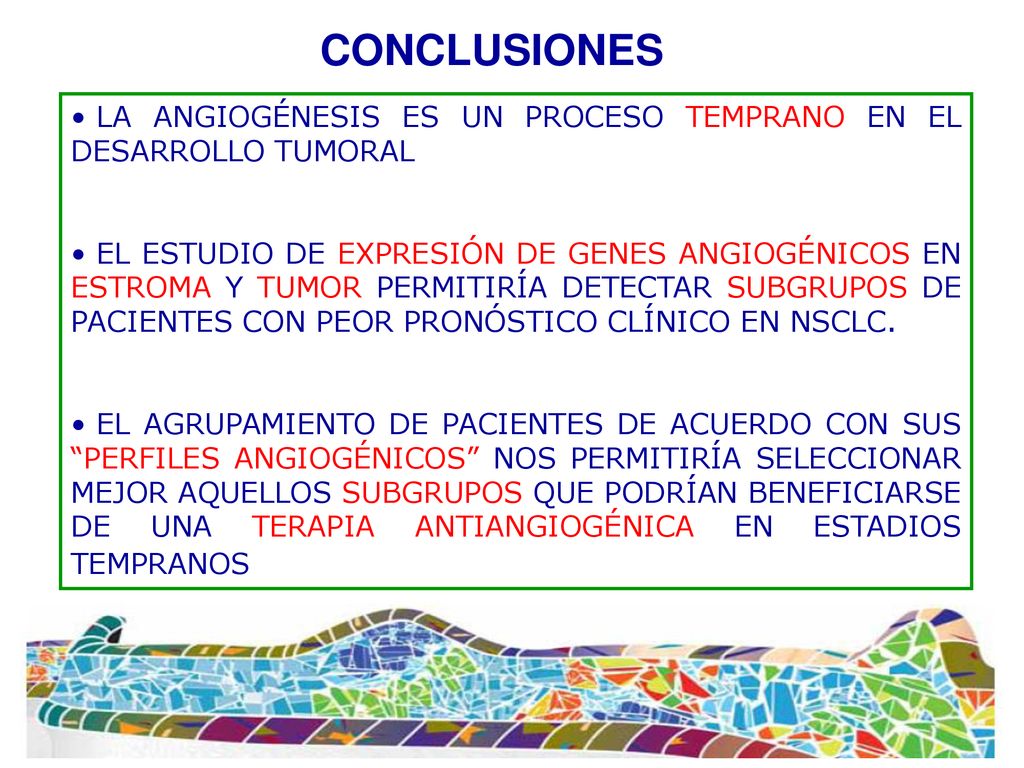 CONCLUSIONES LA ANGIOGÉNESIS ES UN PROCESO TEMPRANO EN EL DESARROLLO TUMORAL.