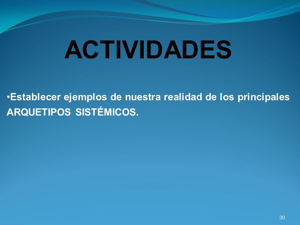 ACTIVIDADES Establecer ejemplos de nuestra realidad de los principales ARQUETIPOS SISTÉMICOS.