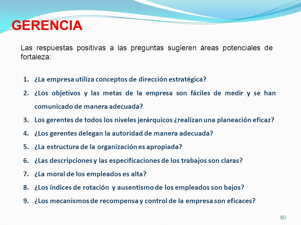 GERENCIA Las respuestas positivas a las preguntas sugieren áreas potenciales de fortaleza: ¿La empresa utiliza conceptos de dirección estratégica