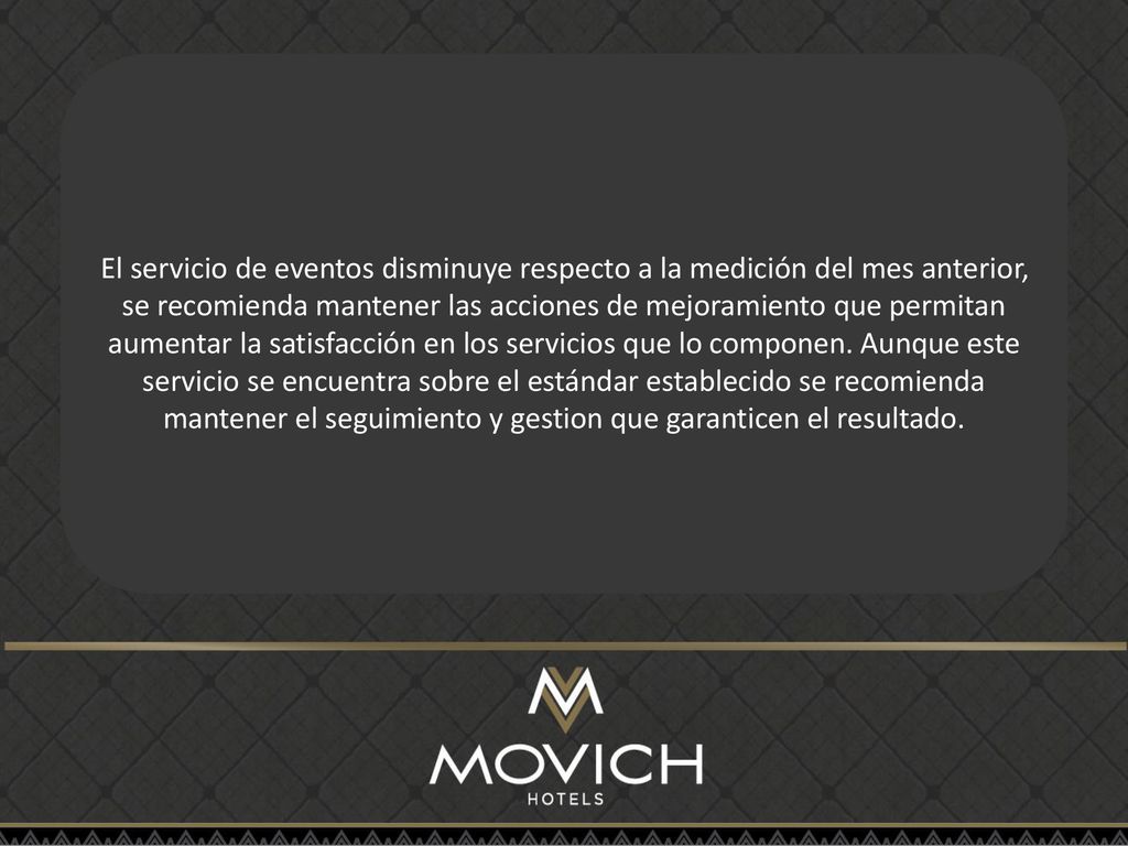 El servicio de eventos disminuye respecto a la medición del mes anterior, se recomienda mantener las acciones de mejoramiento que permitan aumentar la satisfacción en los servicios que lo componen.