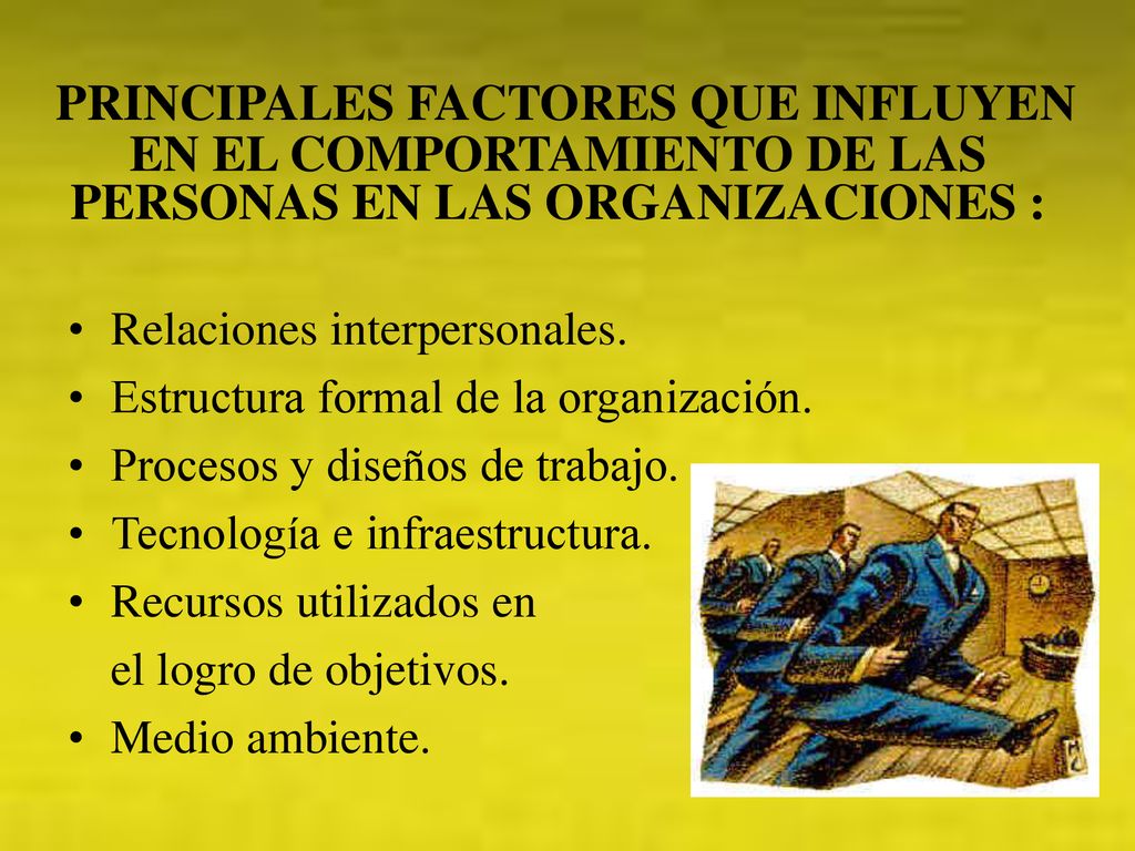 PRINCIPALES FACTORES QUE INFLUYEN EN EL COMPORTAMIENTO DE LAS PERSONAS EN LAS ORGANIZACIONES :